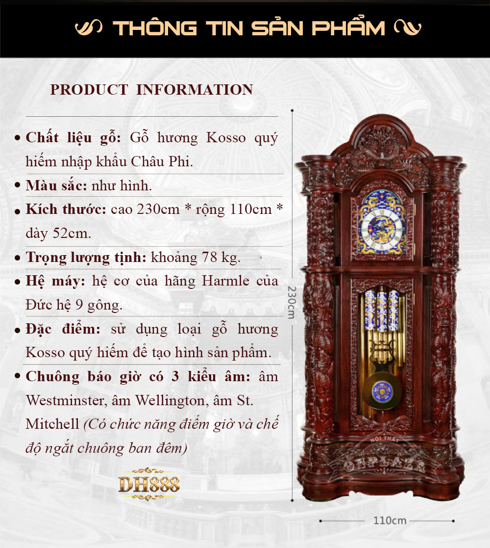 Đồng hồ cây DH13 gỗ hương phong cách hoàng tộc chạm khắc Rồng nhả ngọc