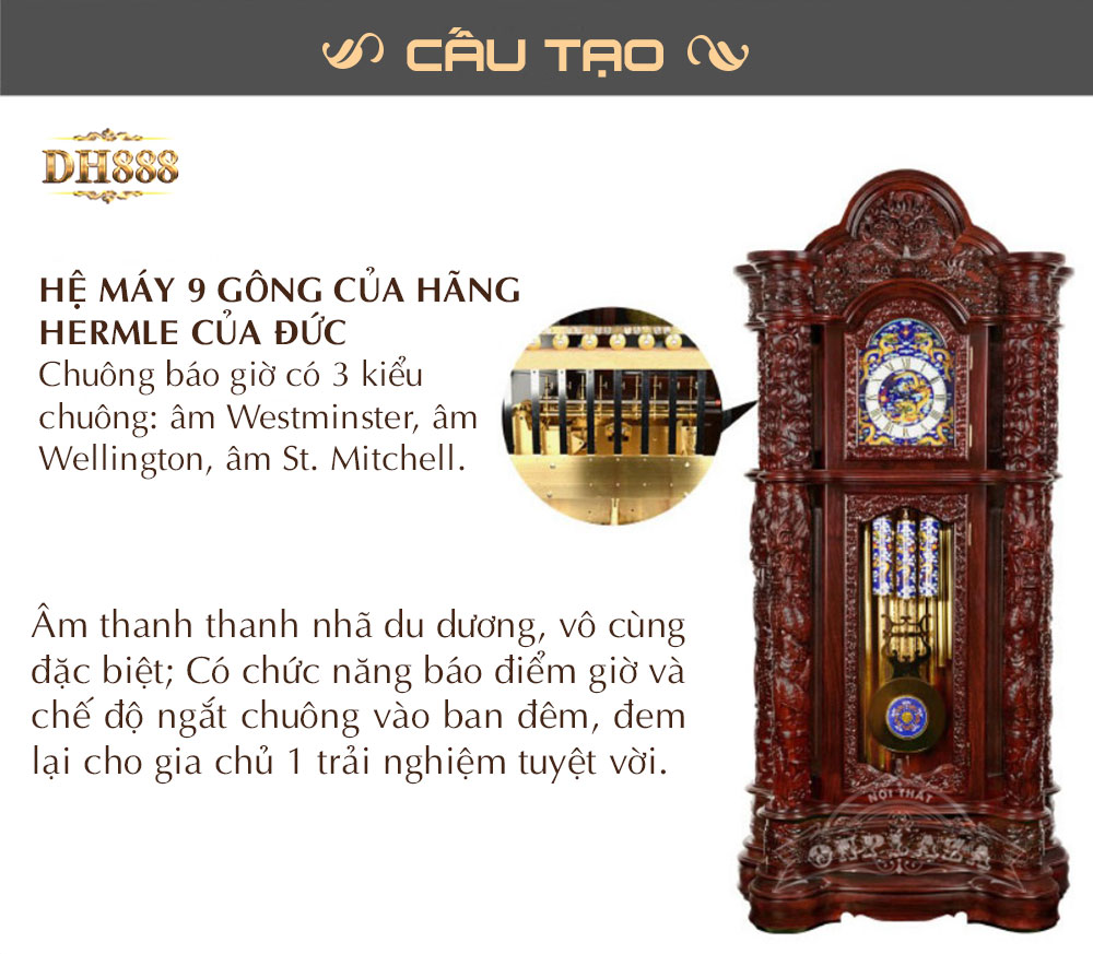 Đồng hồ cây DH13 gỗ hương phong cách hoàng tộc chạm khắc Rồng nhả ngọc