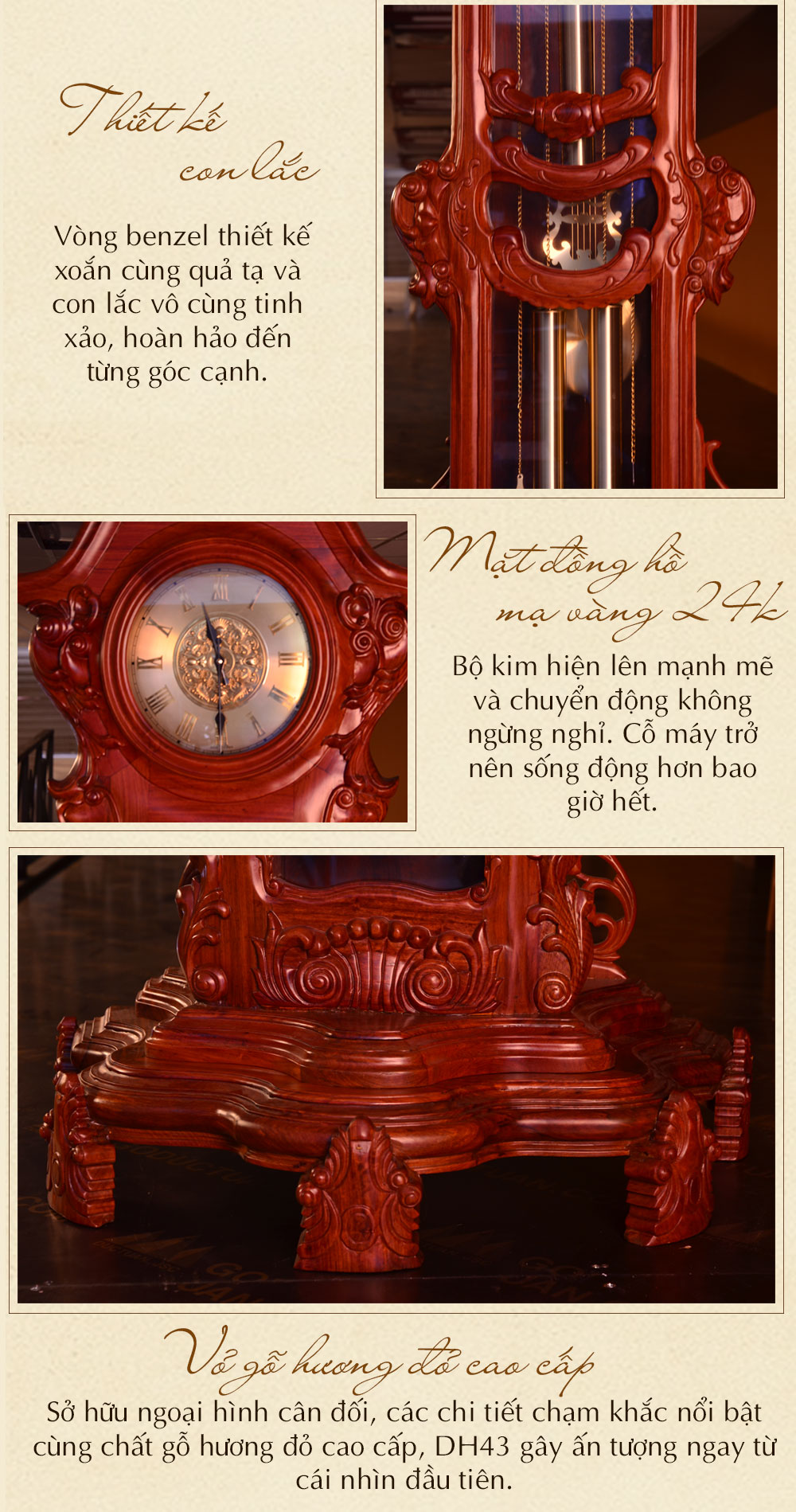 Đồng hồ cây hoa lá tây vân gỗ hương đỏ DH43