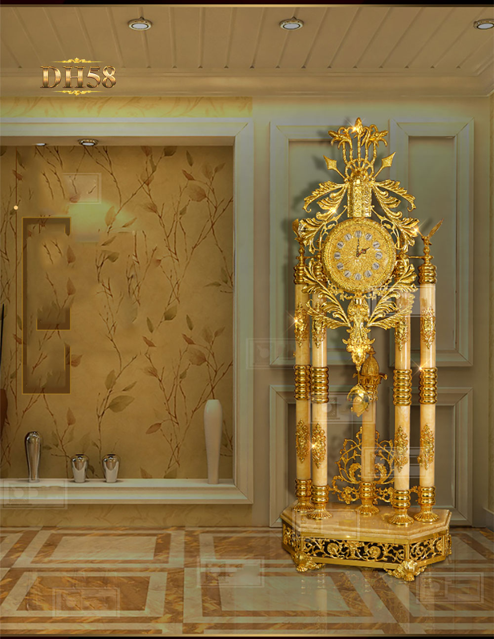 Đồng hồ cây cao cấp chạm khắc hoa văn tân cổ điền mạ vàng 24k sang trọng DH58