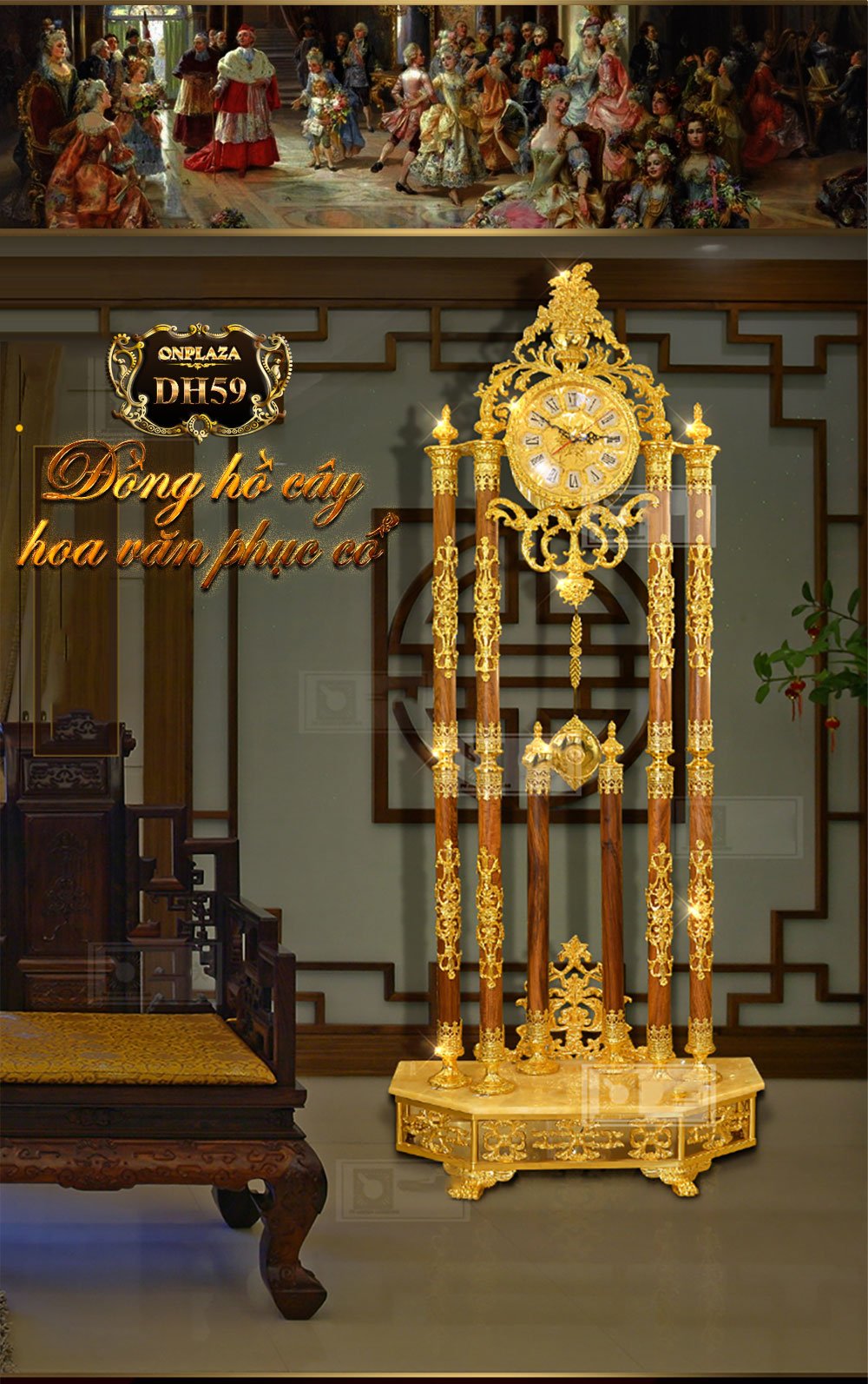 Đồng hồ cây cao cấp chạm khắc hoa văn tân cổ điền mạ vàng 24k sang trọng DH59