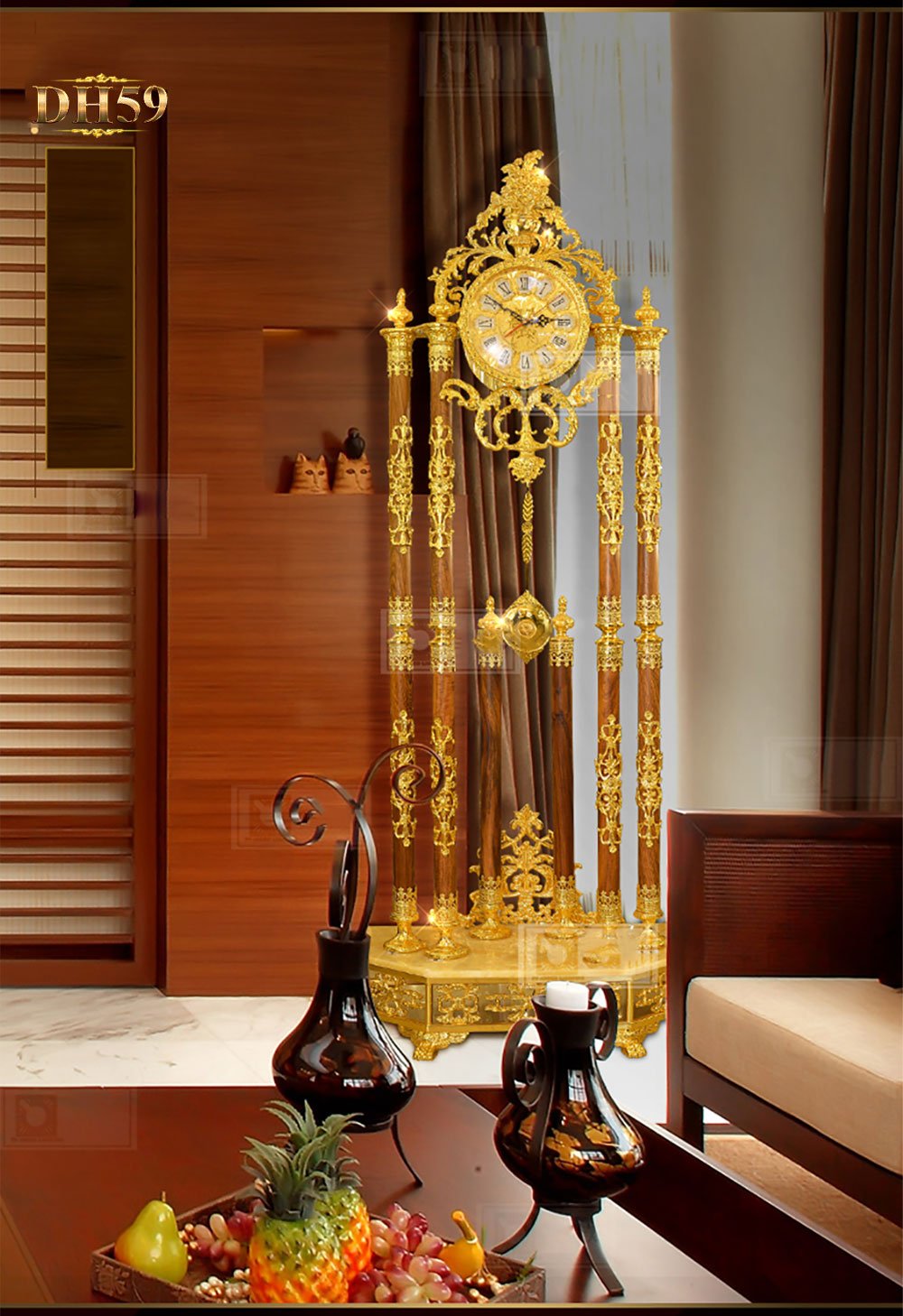 Đồng hồ cây cao cấp chạm khắc hoa văn tân cổ điền mạ vàng 24k sang trọng DH59