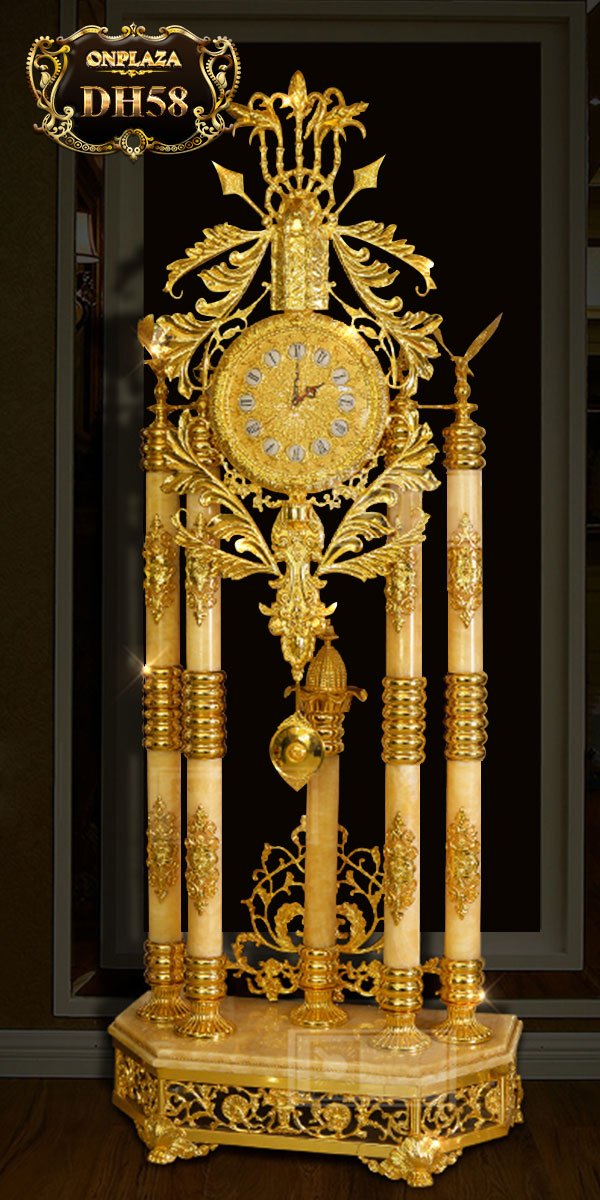Đồng hồ cây cao cấp chạm khắc hoa văn tân cổ điền mạ vàng 24k sang trọng